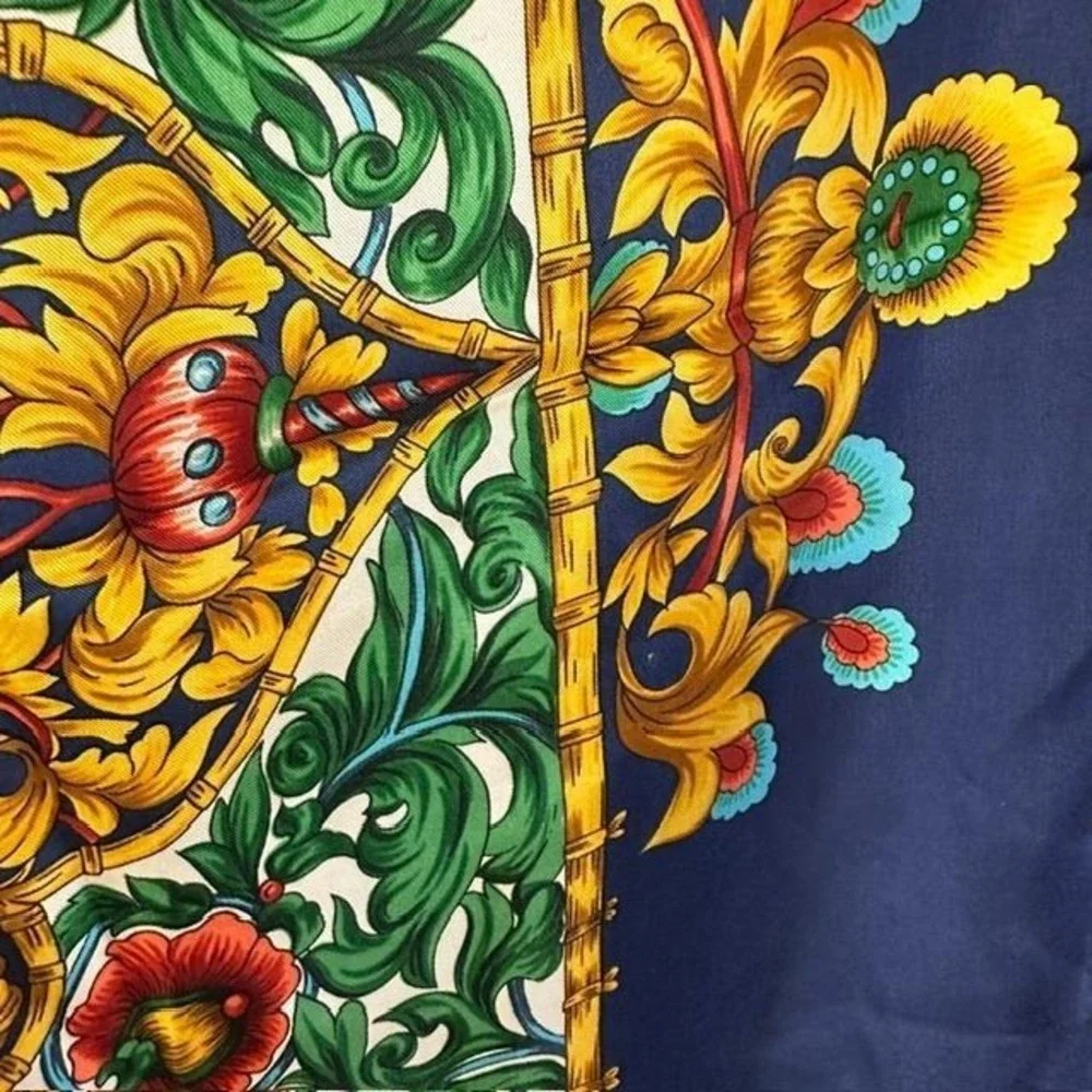 Vintage Metropolitan Museum of Art Silk Scarf Navy Baroque Medallion Floral 33in